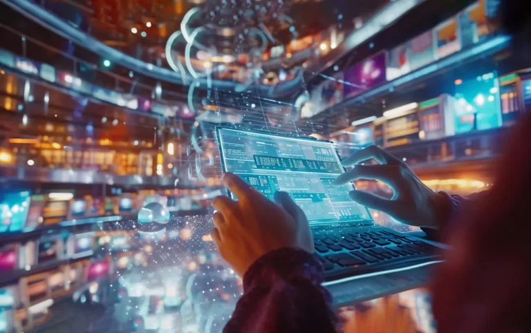 Pessoa trabalhando em plataforma digital futurista