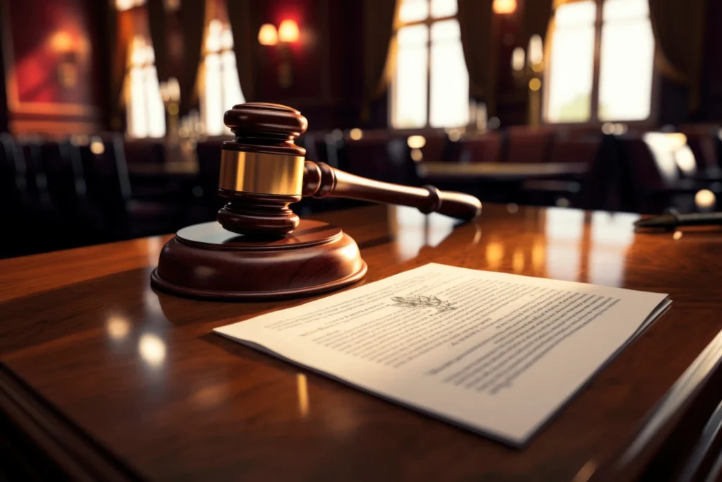 Mesa de júri com martelo e documento em um tribunal